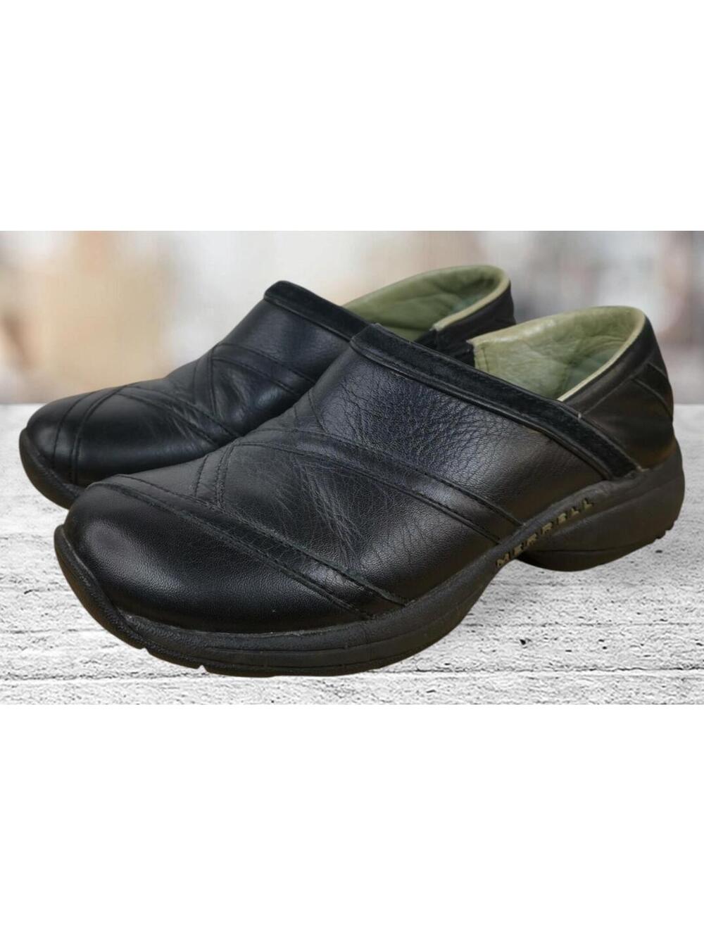Merrell Air Cushion Women's LEATHER Slip On Shoes, Black Size 6.5